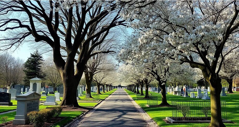 Tree-lined path through a peaceful cemetery in spring